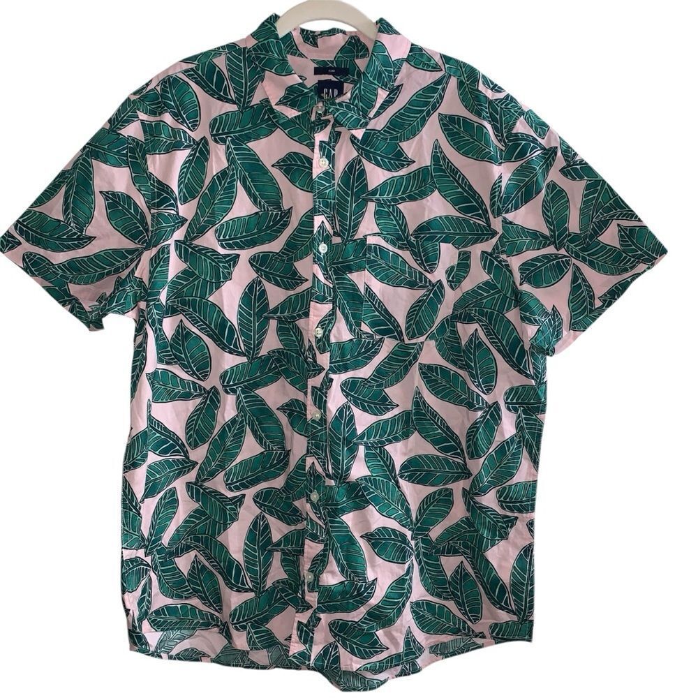 Poplin Print Shirt Slim Fit Pink Palm Leaf Men’s XL Button Down
